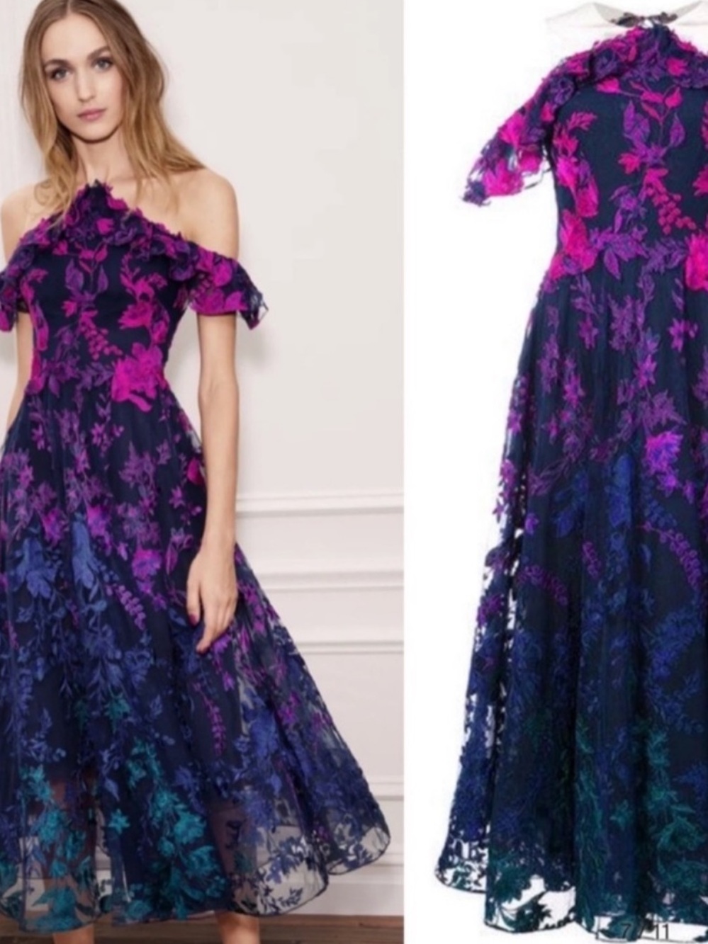Marchesa Notte Blue Floral Lace Ombre Midi Dress in Size 6